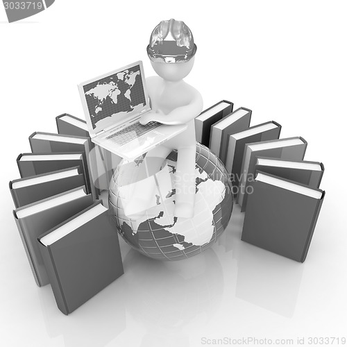 Image of 3d man in hard hat sitting on earth and working at his laptop an