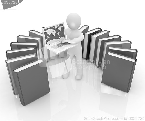 Image of 3d man sitting on books and working at his laptop 