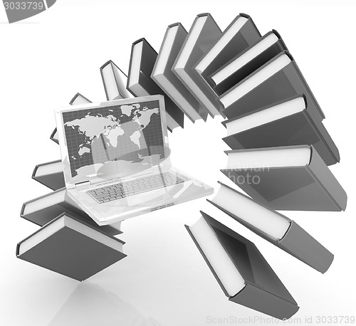 Image of Laptop and books flying 