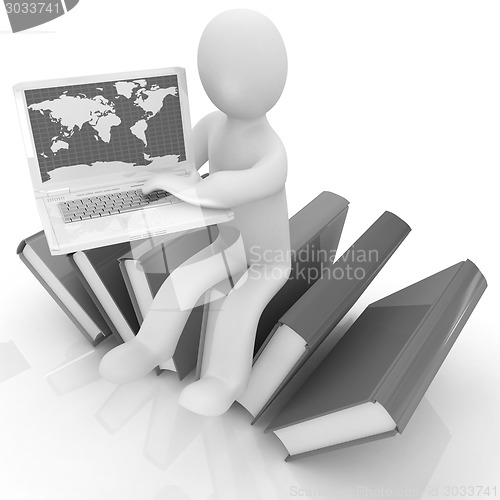 Image of 3d man in hard hat sitting on books and working at his laptop 