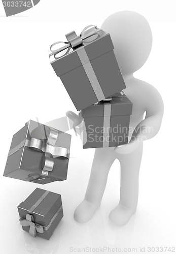 Image of 3d man strawed red gifts with gold ribbon