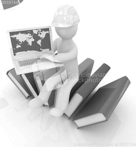 Image of 3d man in hard hat sitting on books and working at his laptop 