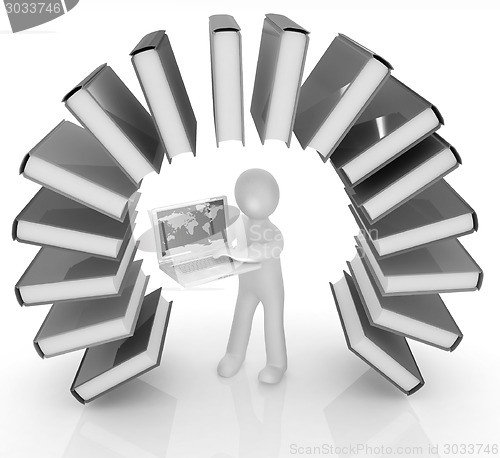 Image of Colorful books like the rainbow and 3d man with laptop 