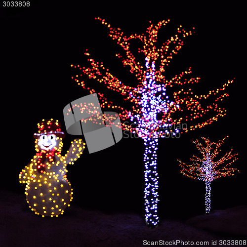 Image of Illuminated trees and Snowman