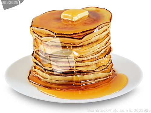 Image of Pancakes with butter and syrup.