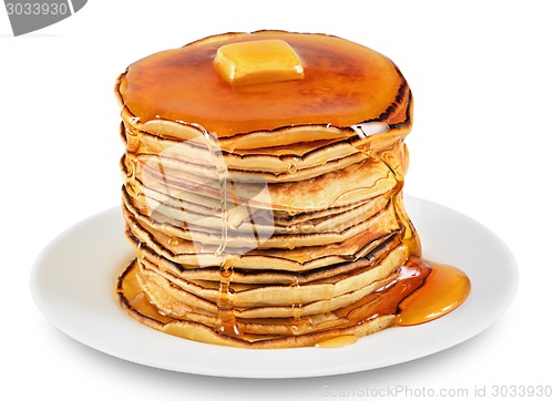 Image of Pancakes with butter and syrup.