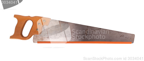 Image of Rusted antique carpenters hand saw with wood handle