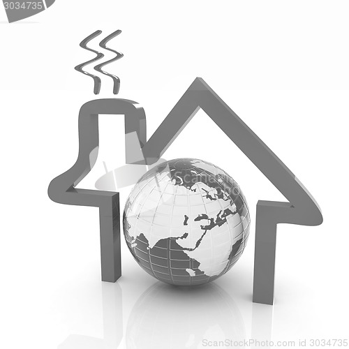 Image of 3d green icon house, earth on white background 