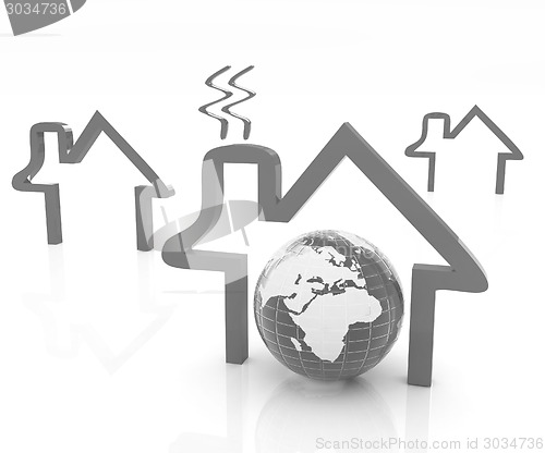 Image of earth and icon house on white background 