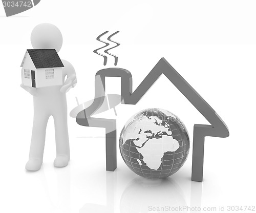 Image of 3d man, house icon and earth