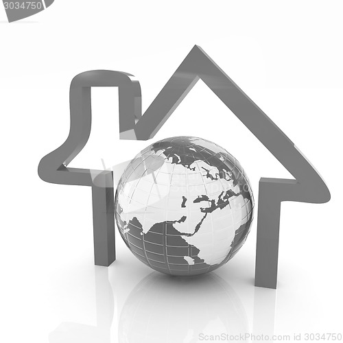 Image of 3d green icon house, earth on white background 