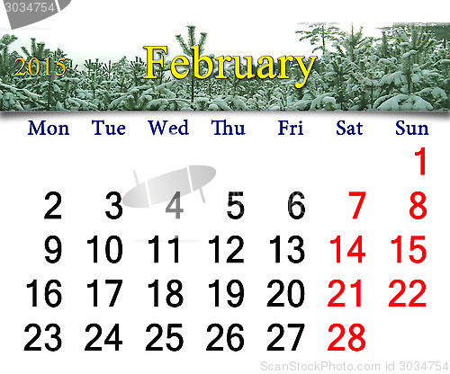 Image of calendar for the February of 2015 with winter landscape