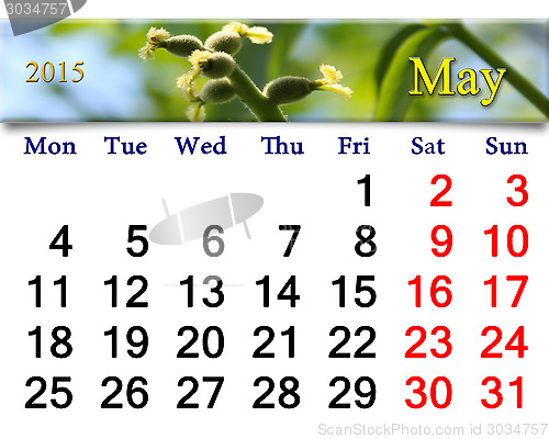 Image of calendar for May of 2015 with image of blooming walnut