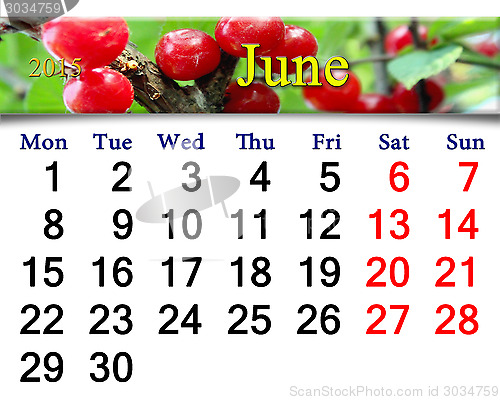 Image of calendar for June of 2015 year with berries of Prunus tomentosa
