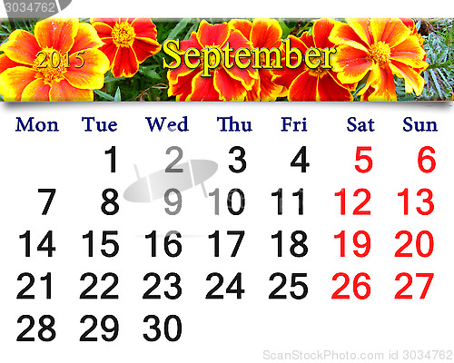Image of calendar for September of 2015 with the flowers of tagetes