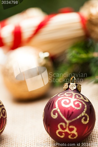 Image of Christmas background with baubles and craft