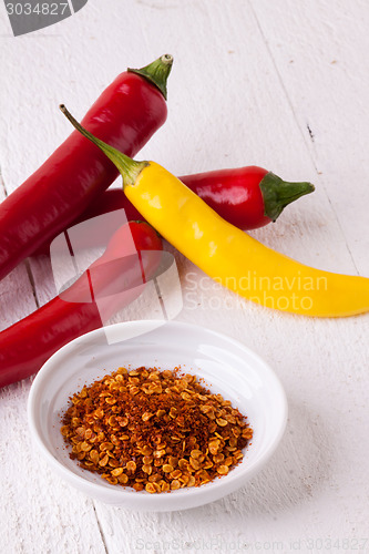 Image of Fresh red and yellow chili peppers with spice