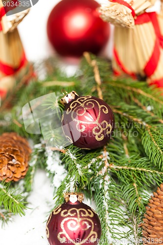 Image of Christmas background with baubles and craft