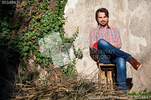 Image of Male model sitting with legs crossed