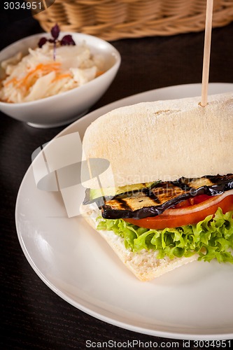 Image of delicious vegan vegetarian burger with grilled eggplant