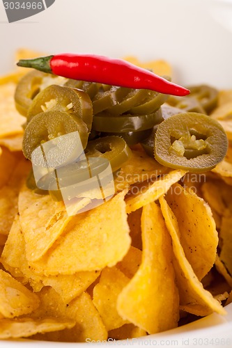 Image of Nachos with cheese sauce and chilli pepperoni