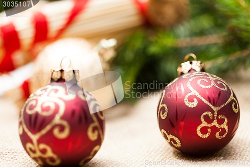 Image of Christmas background with baubles and craft