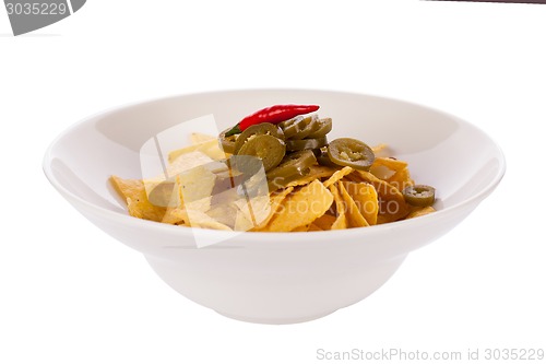 Image of Nachos with cheese sauce and chilli pepperoni