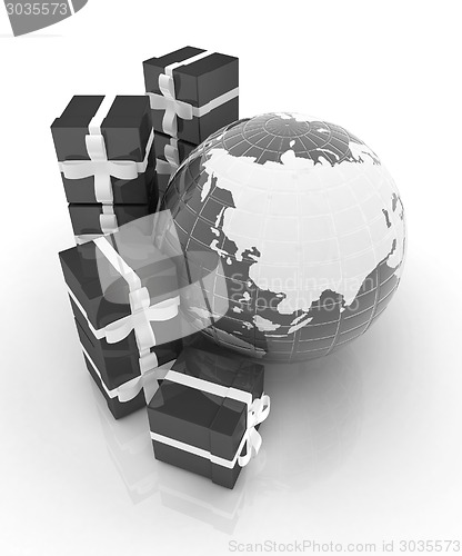 Image of Traditional Christmas gifts and earth. Global holiday concept 