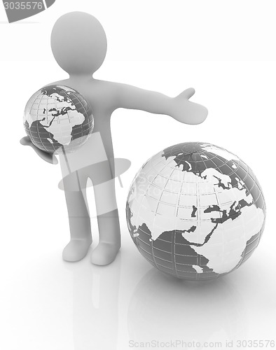 Image of 3d people - man, person presenting - pointing. Global concept wi