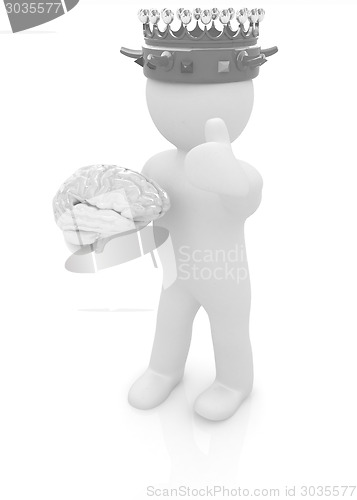 Image of 3d people - man, person with a golden crown. King with brain