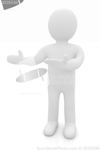 Image of Happy 3d business man showing copy space, isolated on white 