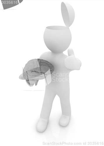 Image of 3d people - man with half head, brain and trumb up. 