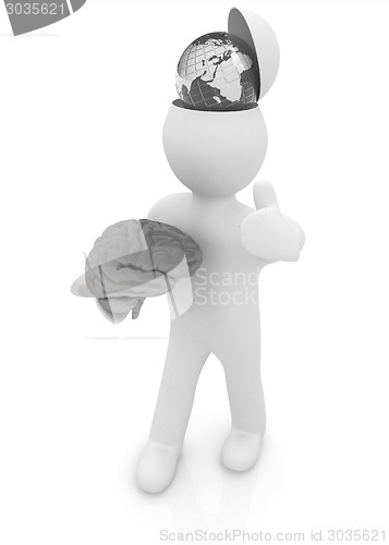 Image of 3d people - man with half head, brain and trumb up. Traveling co