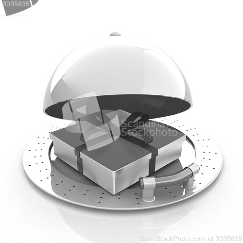 Image of Illustration of a luxury gift on restaurant cloche on a white ba