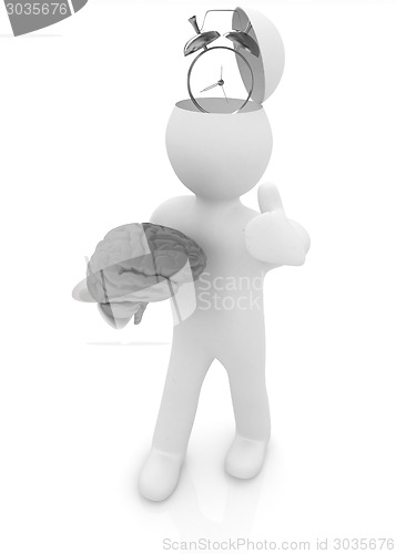 Image of 3d people - man with half head, brain and trumb up. Time concept