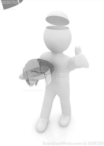 Image of 3d people - man with half head, brain and trumb up. 