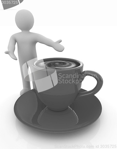 Image of 3d people - man, person presenting - Mug of coffee with milk