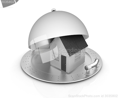 Image of house on restaurant cloche isolated on white background 