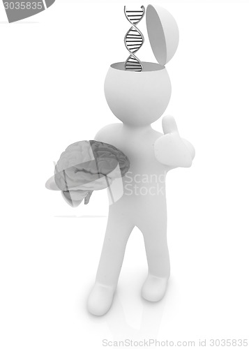 Image of 3d people - man with half head, brain and trumb up. Medical conc