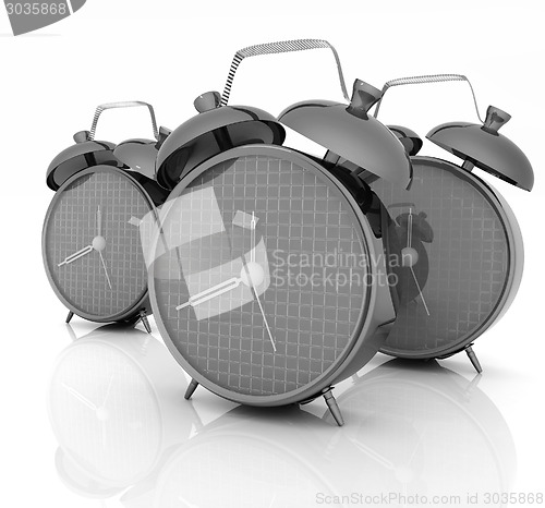 Image of 3d illustration of glossy alarm clocks against white background 