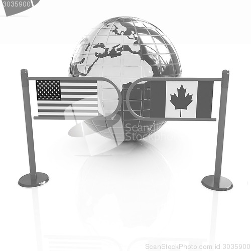 Image of Three-dimensional image of the turnstile and flags of USA and Ca