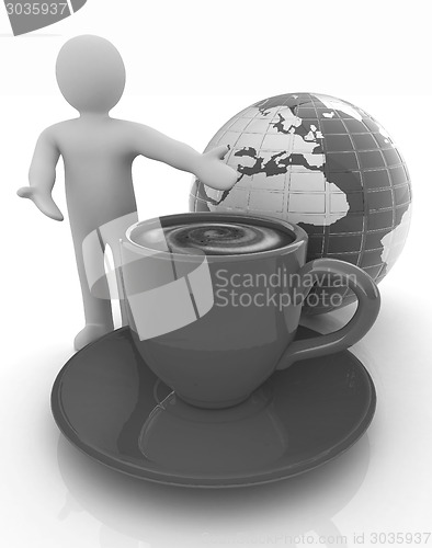 Image of 3d people - man, person presenting - Mug of coffee with milk. Gl