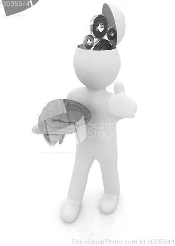 Image of 3d people - man with half head, brain and trumb up. Concept of t