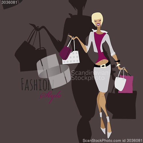 Image of Fashion girl. Woman with shopping bags.