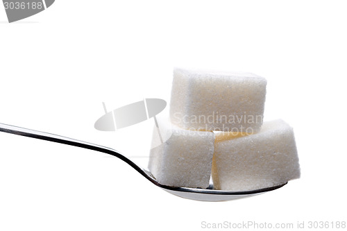 Image of Spoon with sugar cubes isolated