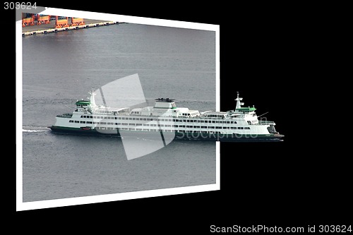 Image of Ferry in Seattle harbor sailing away through the frame