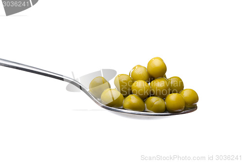 Image of Green peas vegetable seed in metal spoon