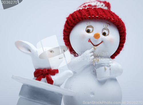 Image of Cheerful snowman shows tricks