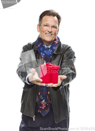 Image of Man Wearing Black Leather Jacket Holding Christmas Gift on White