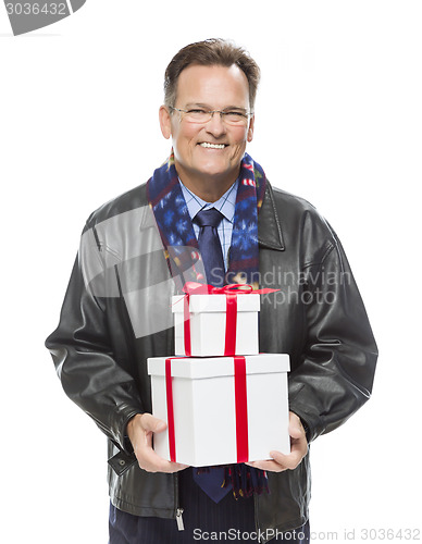 Image of Man Wearing Black Leather Jacket Holding Christmas Gifts on Whit